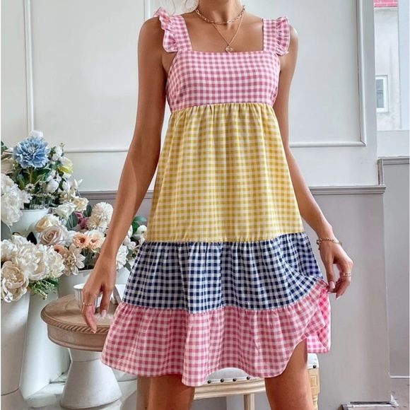Classic Elegant Gingham Plaid Color Block Cami Dress - Picture 6 of 6